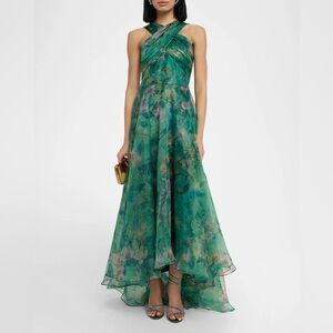 NWT Theia Luana Floral Print Organza Halter High Low Gown Lush Greenwood Sz 10